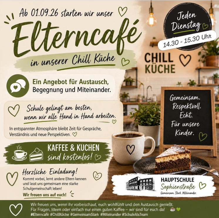 Einladung zum Elterncafé in der Chill Küche der Hauptschule Sophienstraße